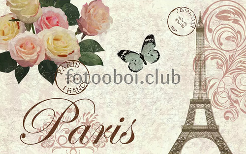 Париж, башня, цветы, розы, бабочки, абстракция